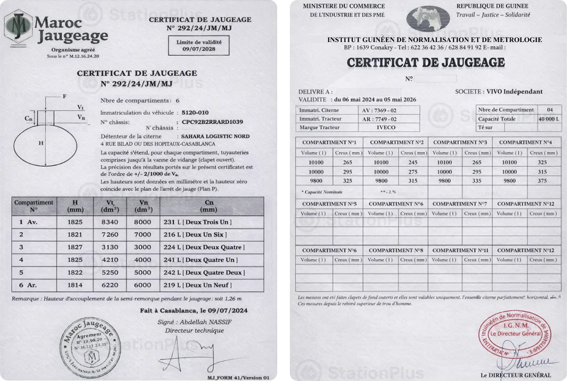 Exemples certificat de barémage (Maroc et Guinée)